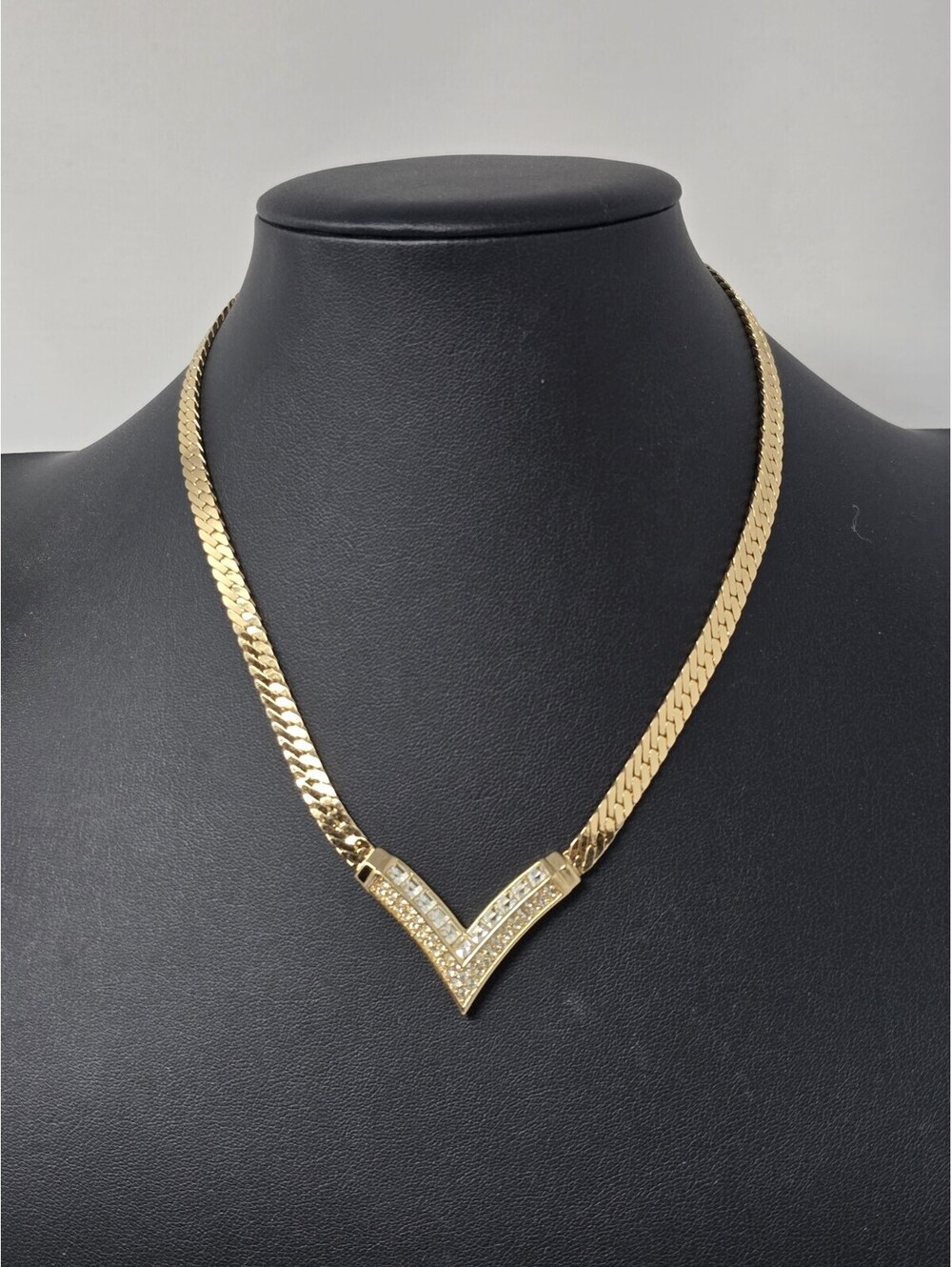 Christian Dior Gold Tone Rhinestone V Choker Necklace Signed
